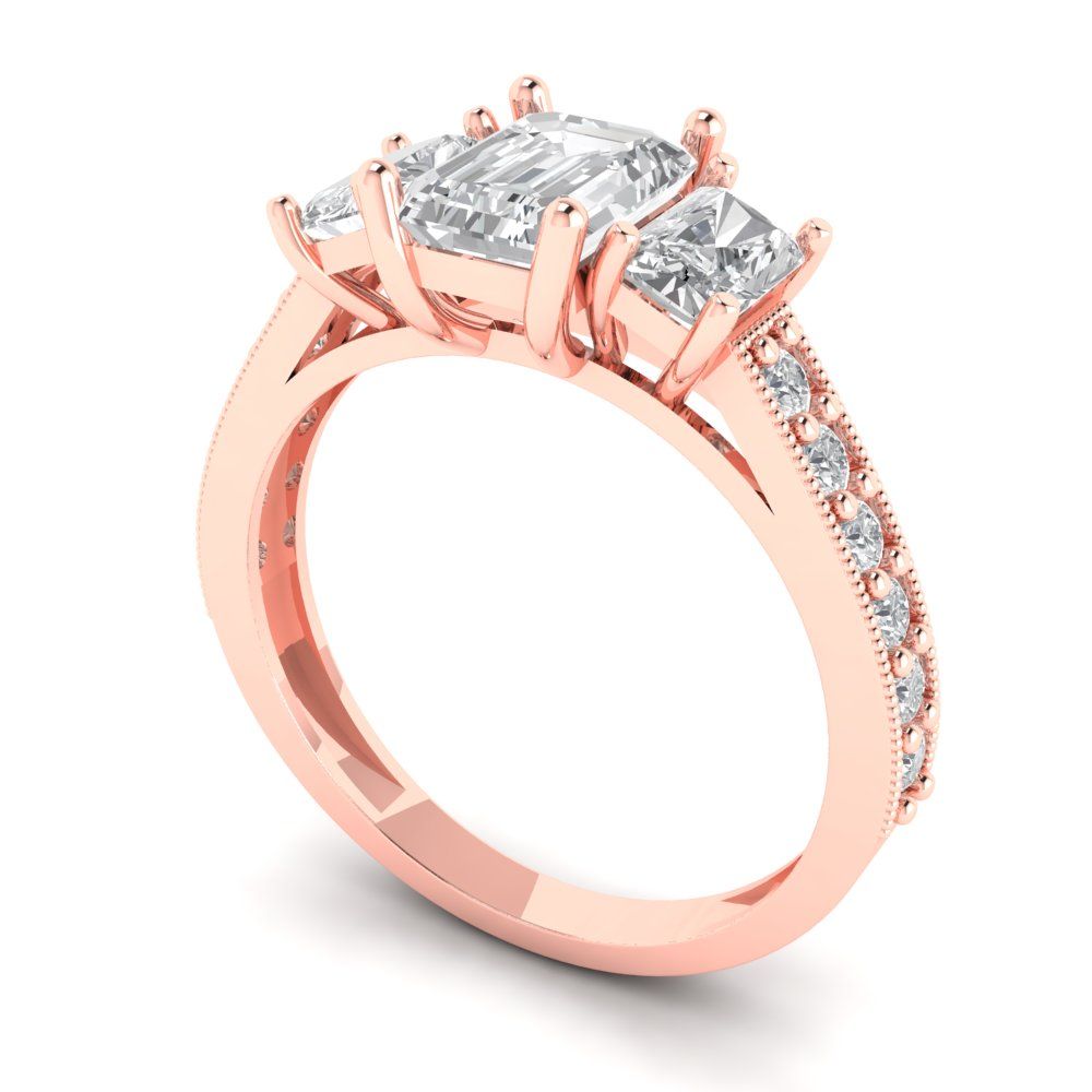1.88 cttw Zirconia Simulated Diamond Three-Stone Engagement Ring - Solid Rose Gold (VVS1, Emerald Cut,7x5mm)