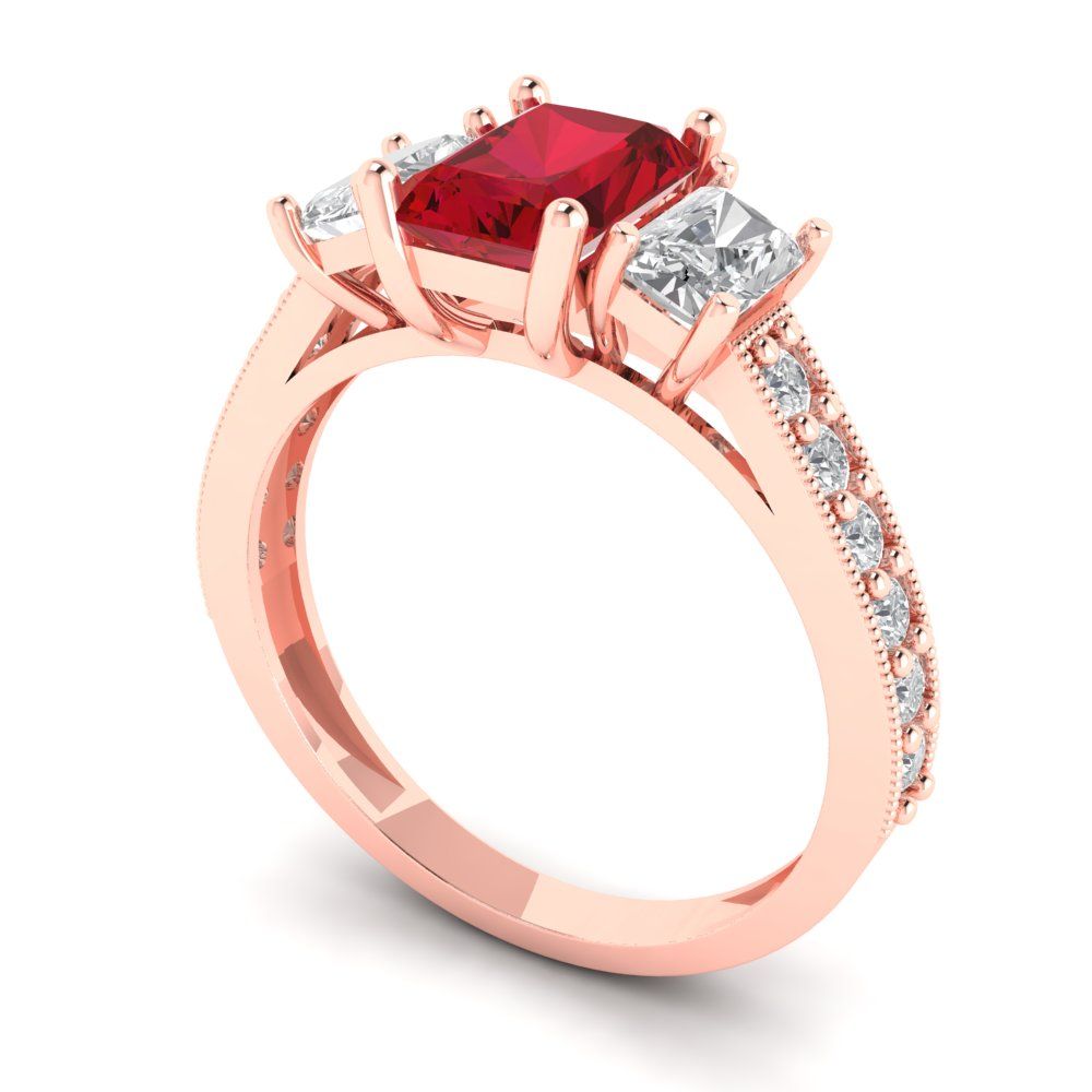 1.88 cttw Simulated Ruby Three-Stone Engagement Ring - Solid Rose Gold (VVS1, Emerald Cut,7x5mm)