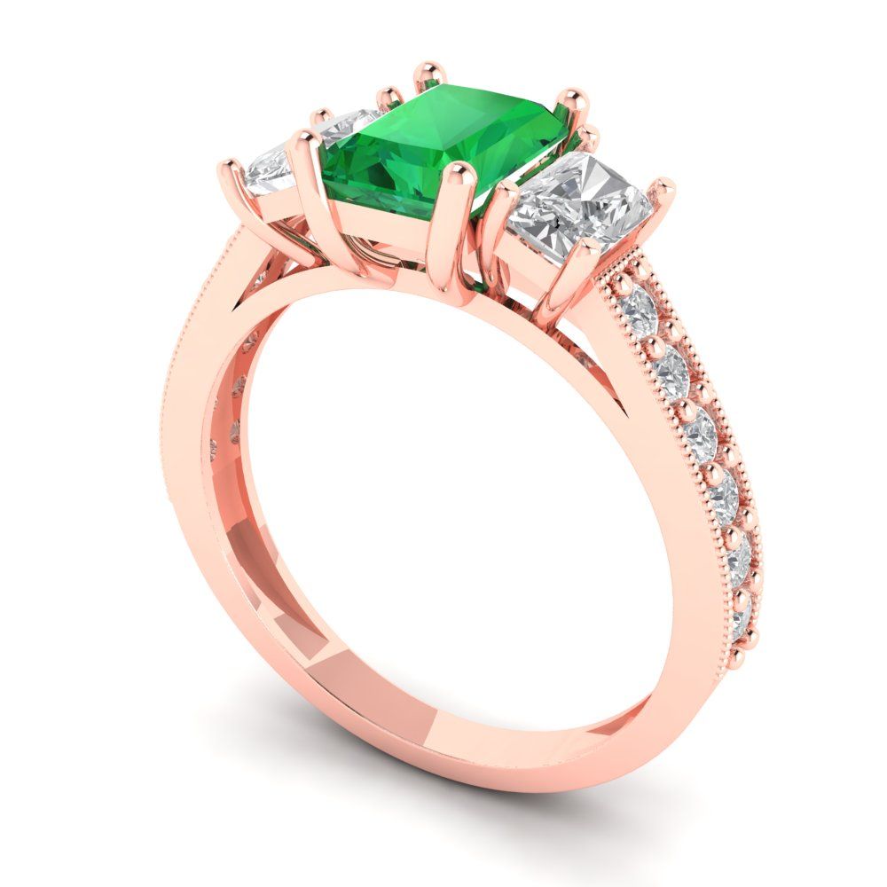 1.88 cttw Simulated Emerald Three-Stone Engagement Ring - Solid Gold (Emerald Cut,7x5mm)
