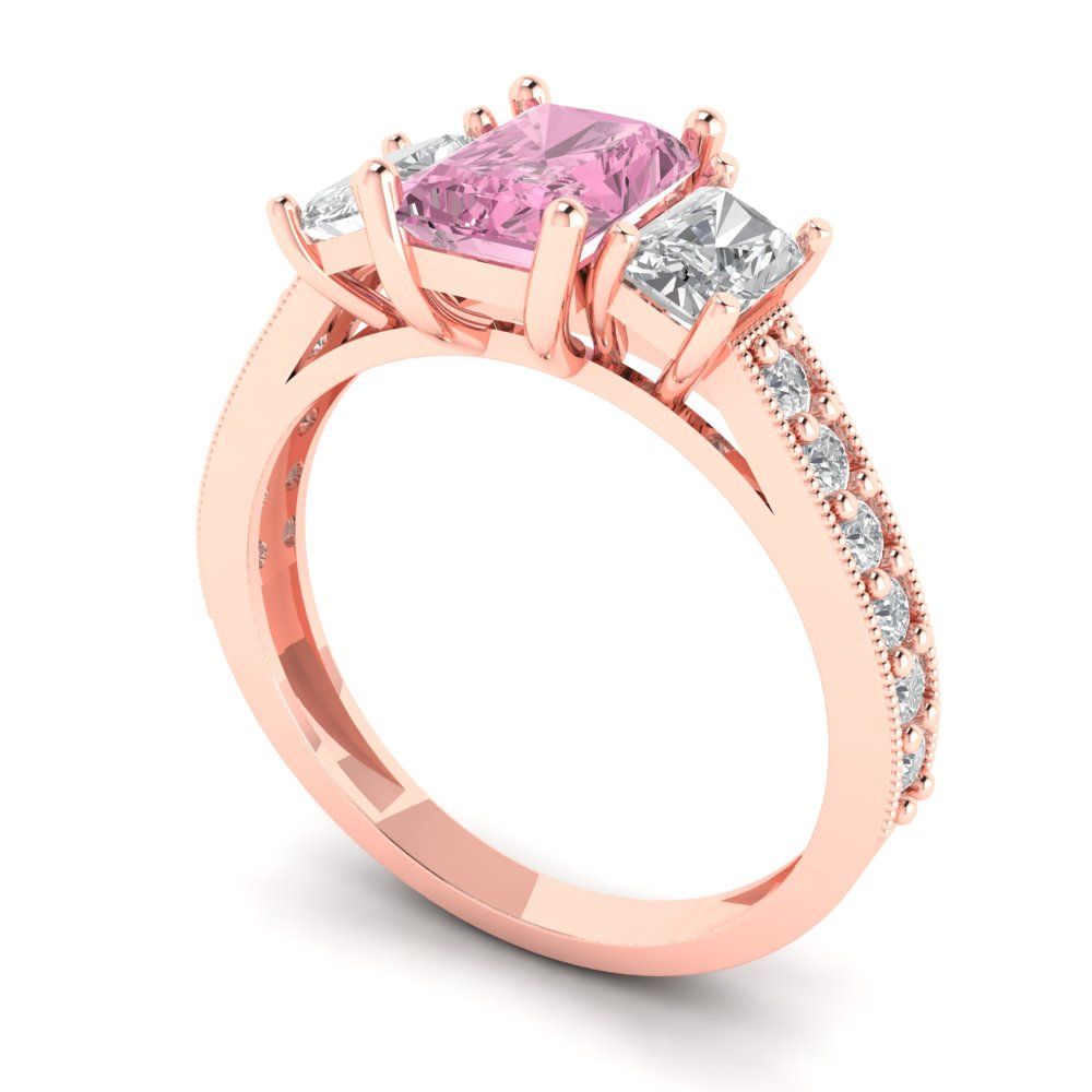 1.88 cttw Zirconia Simulated Pink Diamond Three-Stone Engagement Ring - Solid Gold (VVS1, Emerald Cut,7x5mm)