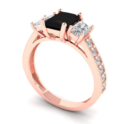 1.88 cttw Natural Onyx Three-Stone Engagement Ring - Solid Gold (Emerald Cut,7x5mm)