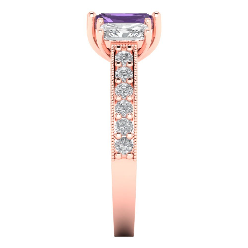 1.88 cttw Simulated Alexandrite Three-Stone Engagement Ring - Solid Rose Gold (VVS1, Emerald Cut,7x5mm)