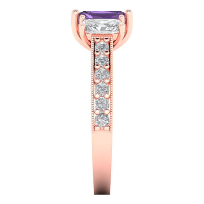 1.88 cttw Simulated Alexandrite Three-Stone Engagement Ring - Solid Rose Gold (VVS1, Emerald Cut,7x5mm)