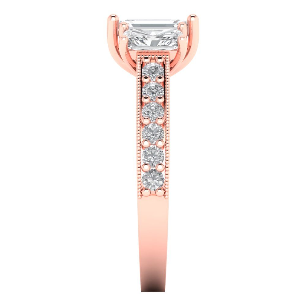 1.88 cttw Zirconia Simulated Diamond Three-Stone Engagement Ring - Solid Rose Gold (VVS1, Emerald Cut,7x5mm)