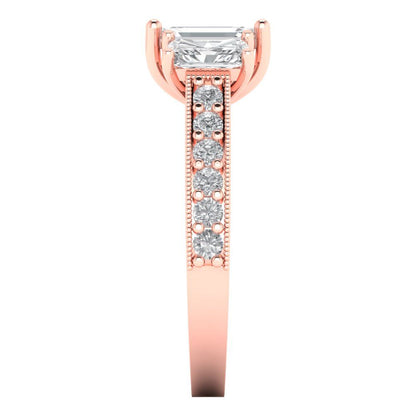 1.88 cttw Zirconia Simulated Diamond Three-Stone Engagement Ring - Solid Rose Gold (VVS1, Emerald Cut,7x5mm)