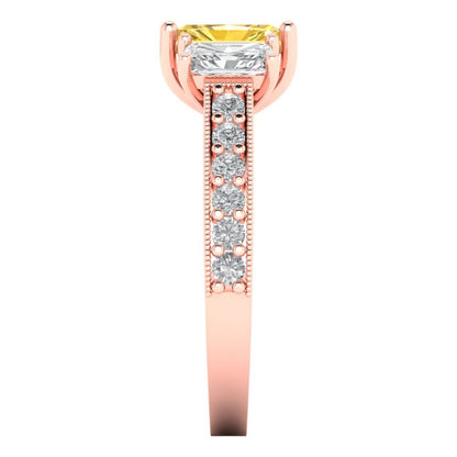 1.88 cttw Zirconia Simulated Yellow Diamond Three-Stone Engagement Ring - Solid Gold (VVS1, Emerald Cut,7x5mm)