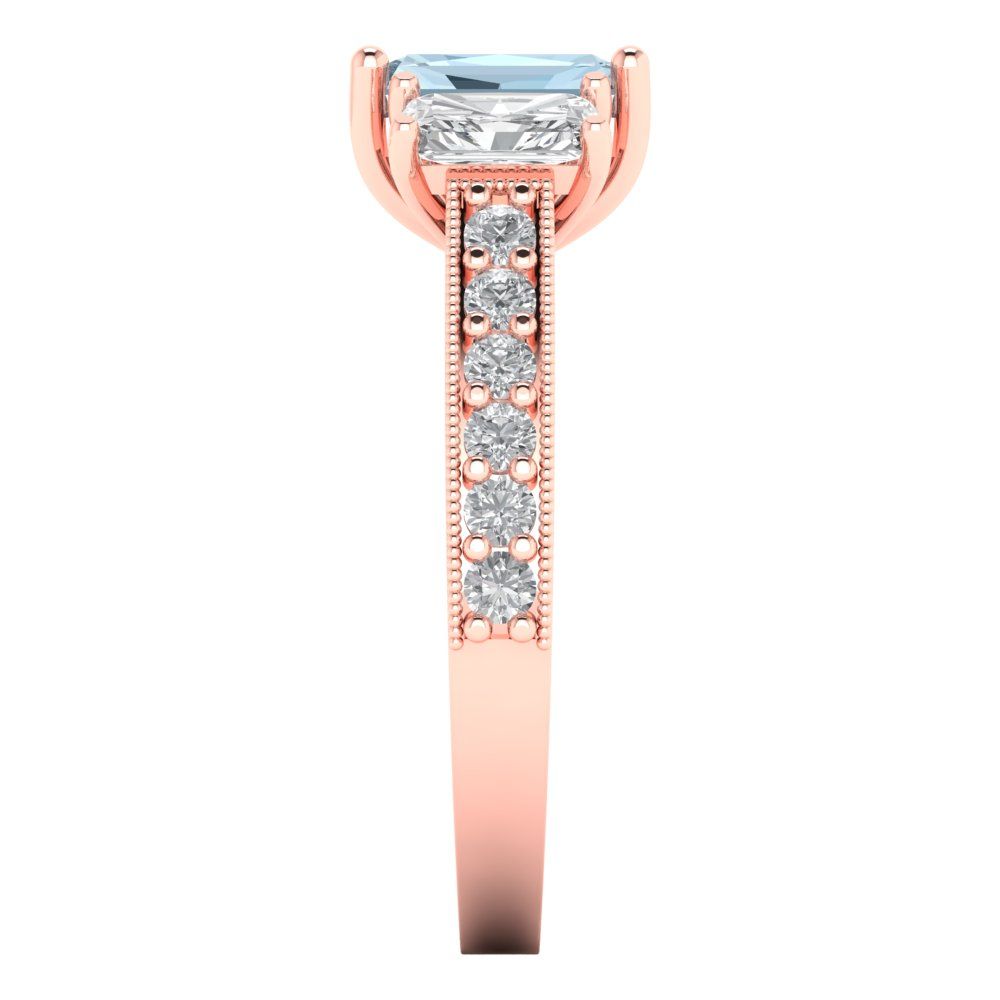 1.88 cttw Natural Aquamarine Three-Stone Engagement Ring - Solid Rose Gold (VVS1, Emerald Cut,7x5mm)