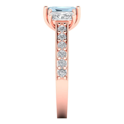 1.88 cttw Natural Aquamarine Three-Stone Engagement Ring - Solid Rose Gold (VVS1, Emerald Cut,7x5mm)