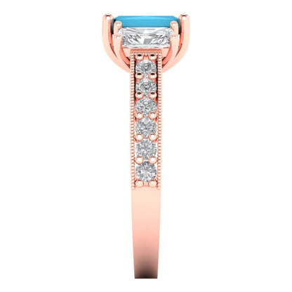 1.88 cttw Simulated Turquoise Three-Stone Engagement Ring - Solid Gold (Emerald Cut,7x5mm)