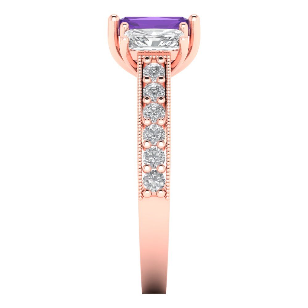 1.88 cttw Natural Amethyst Three-Stone Engagement Ring - Solid Gold (Emerald Cut,7x5mm)