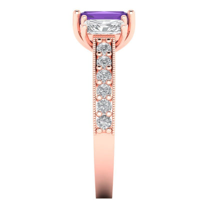 1.88 cttw Natural Amethyst Three-Stone Engagement Ring - Solid Gold (Emerald Cut,7x5mm)