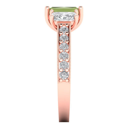 1.88 cttw Natural Peridot Three-Stone Engagement Ring - Solid Gold (Emerald Cut,7x5mm)