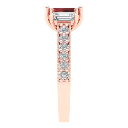 1.88 cttw Natural Garnet Three-Stone Engagement Ring - Solid Gold (Emerald Cut,7x5mm)