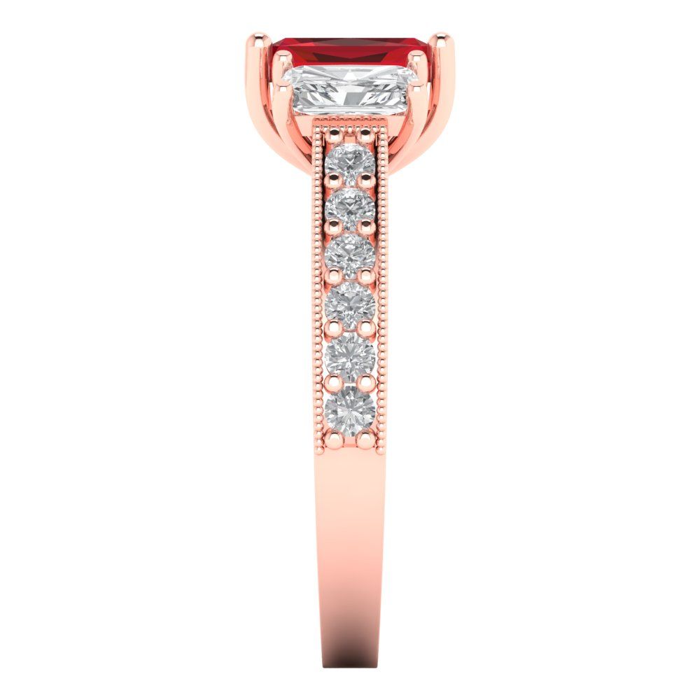 1.88 cttw Simulated Ruby Three-Stone Engagement Ring - Solid Rose Gold (VVS1, Emerald Cut,7x5mm)