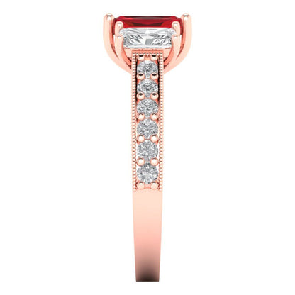 1.88 cttw Simulated Ruby Three-Stone Engagement Ring - Solid Rose Gold (VVS1, Emerald Cut,7x5mm)
