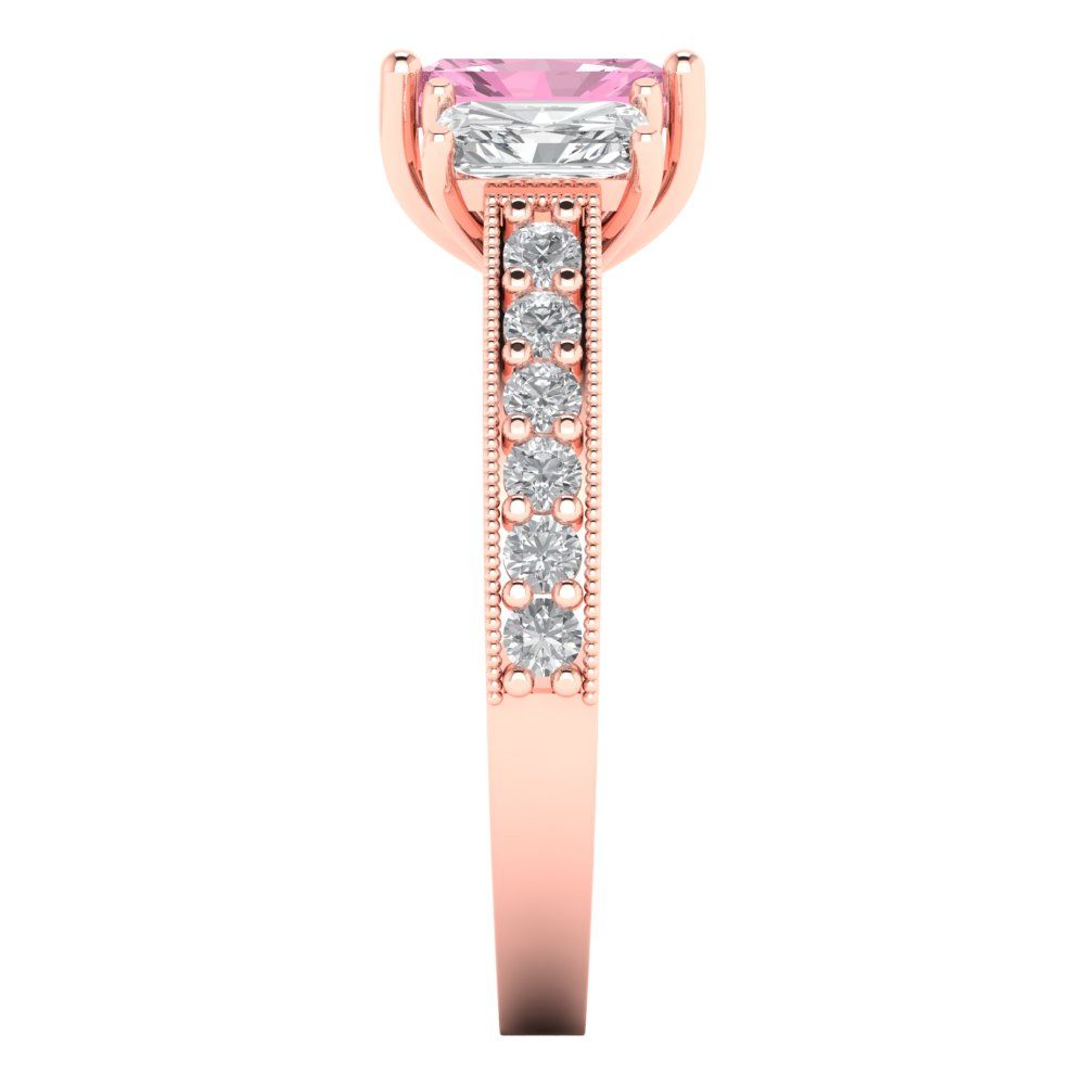 1.88 cttw Zirconia Simulated Pink Diamond Three-Stone Engagement Ring - Solid Gold (VVS1, Emerald Cut,7x5mm)