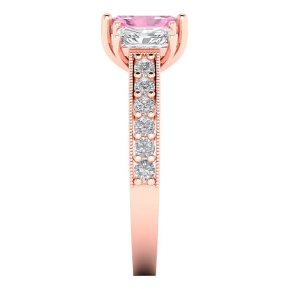 1.88 cttw Zirconia Simulated Pink Diamond Three-Stone Engagement Ring - Solid Gold (VVS1, Emerald Cut,7x5mm)