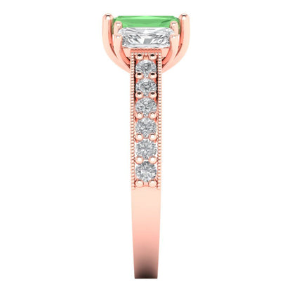 1.88 cttw Zirconia Simulated Green Diamond Three-Stone Engagement Ring - Solid Gold (VVS1, Emerald Cut,7x5mm)