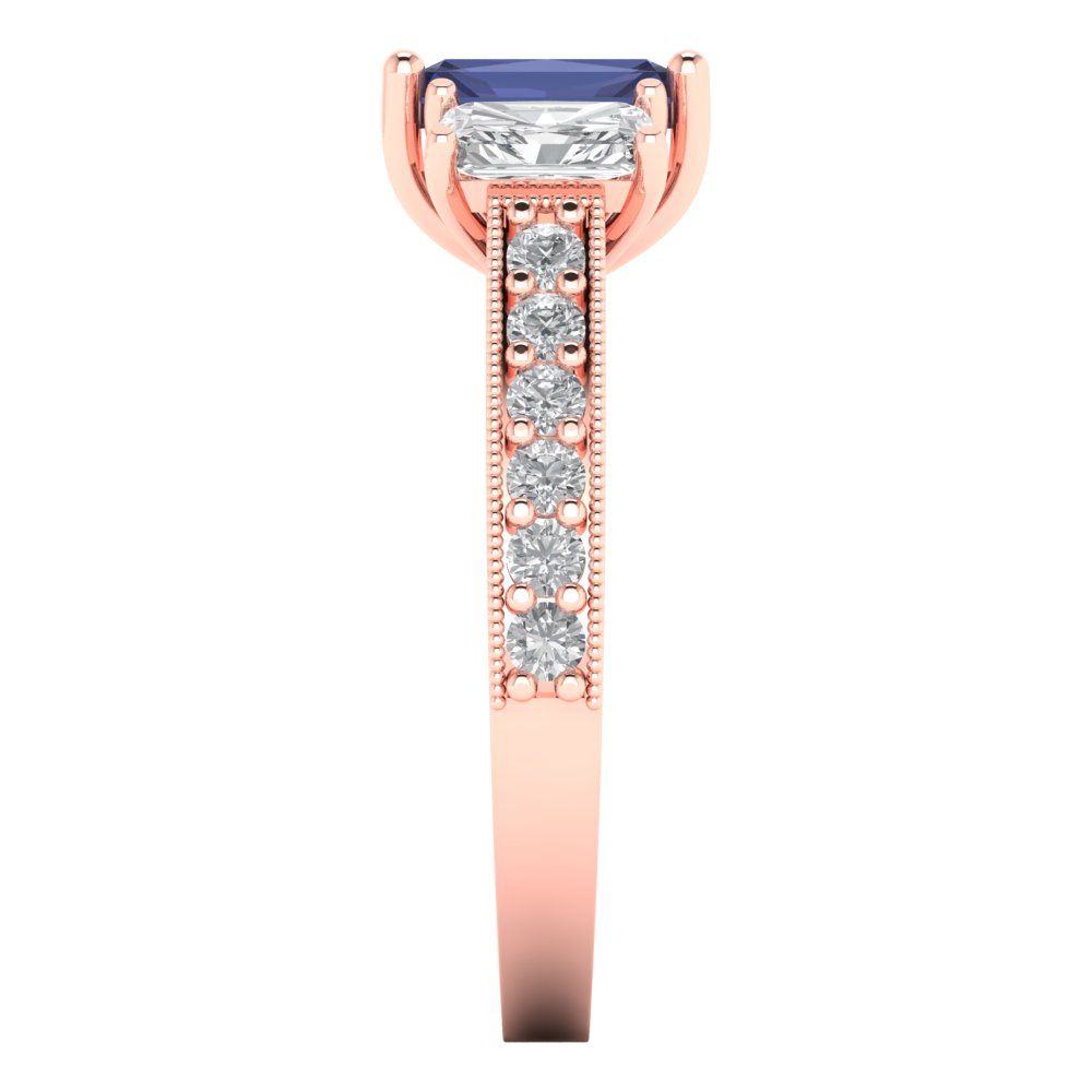 1.88 cttw Simulated Blue Sapphire Three-Stone Engagement Ring - Solid Gold (Emerald Cut,7x5mm)