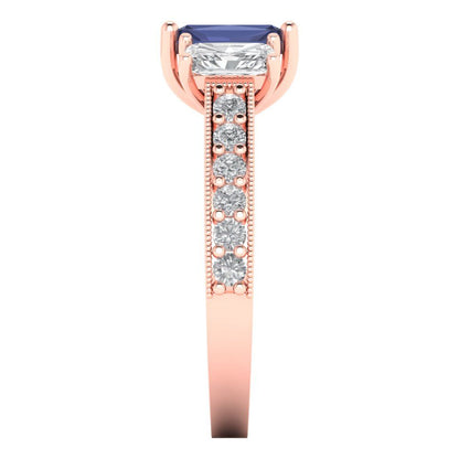 1.88 cttw Simulated Blue Sapphire Three-Stone Engagement Ring - Solid Gold (Emerald Cut,7x5mm)