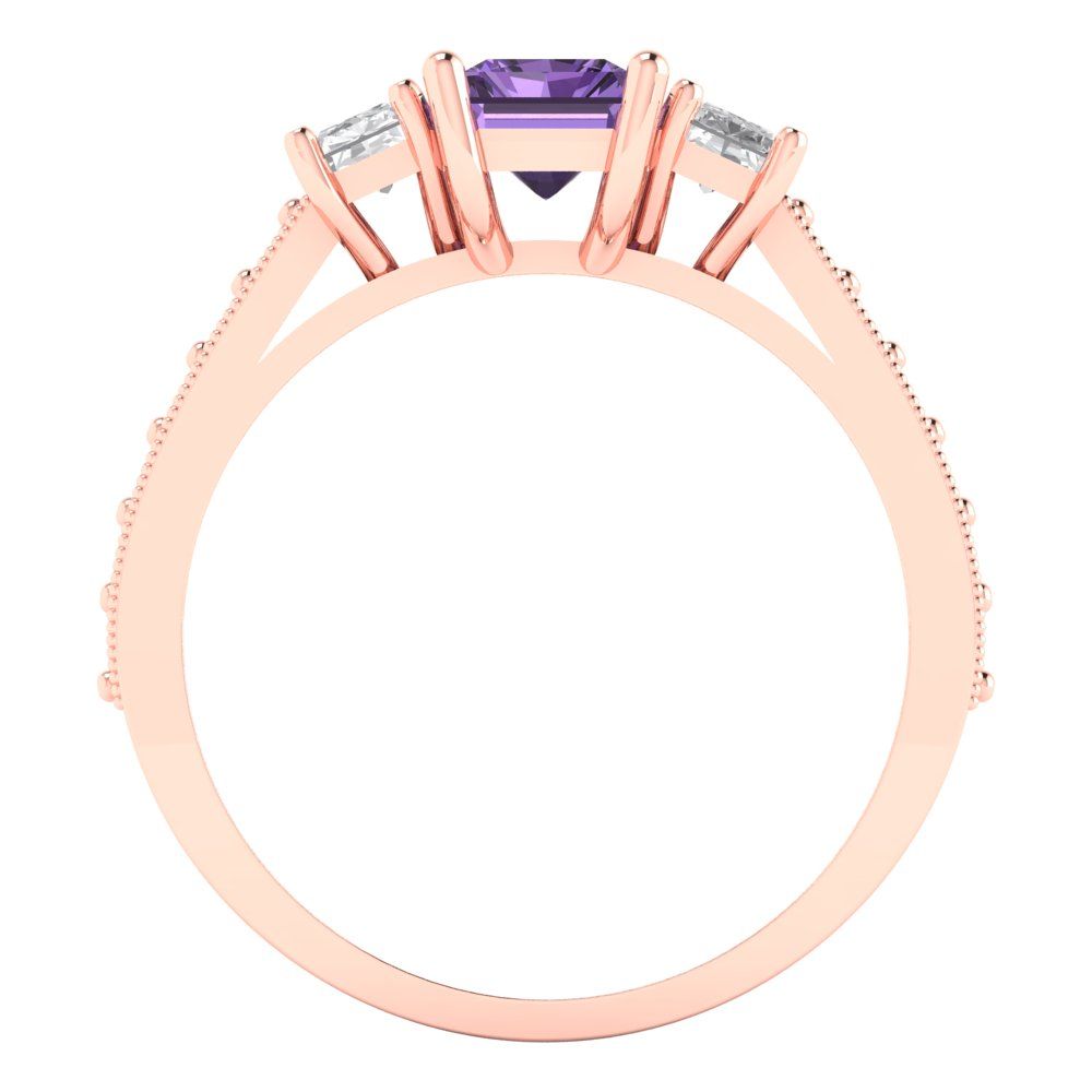 1.88 cttw Simulated Alexandrite Three-Stone Engagement Ring - Solid Rose Gold (VVS1, Emerald Cut,7x5mm)