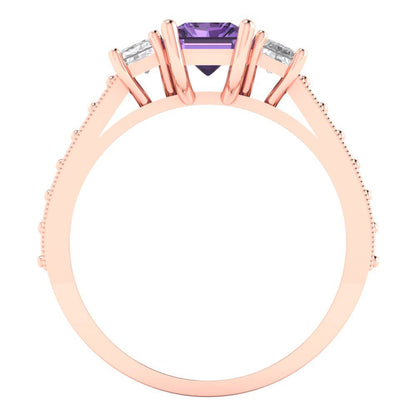 1.88 cttw Simulated Alexandrite Three-Stone Engagement Ring - Solid Rose Gold (VVS1, Emerald Cut,7x5mm)
