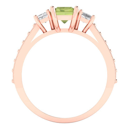 1.88 cttw Natural Peridot Three-Stone Engagement Ring - Solid Gold (Emerald Cut,7x5mm)