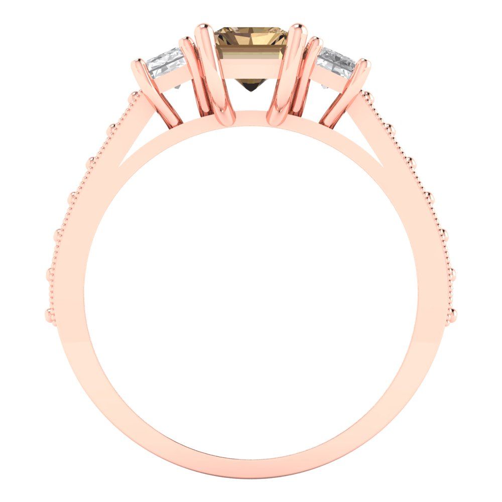 1.88 cttw Zirconia Simulated Champagne Diamond Three-Stone Engagement Ring - Solid Gold (VVS1, Emerald Cut,7x5mm)