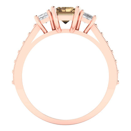 1.88 cttw Zirconia Simulated Champagne Diamond Three-Stone Engagement Ring - Solid Gold (VVS1, Emerald Cut,7x5mm)