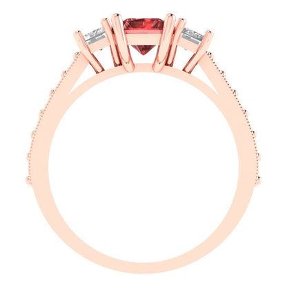 1.88 cttw Natural Garnet Three-Stone Engagement Ring - Solid Gold (Emerald Cut,7x5mm)