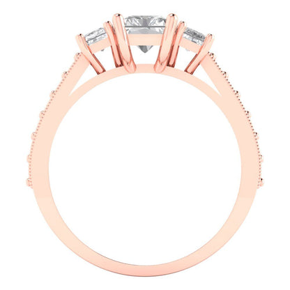 1.88 cttw Zirconia Simulated Diamond Three-Stone Engagement Ring - Solid Rose Gold (VVS1, Emerald Cut,7x5mm)