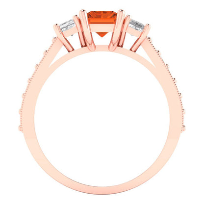 1.88 cttw Simulated Ruby Three-Stone Engagement Ring - Solid Rose Gold (VVS1, Emerald Cut,7x5mm)