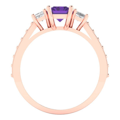 1.88 cttw Natural Amethyst Three-Stone Engagement Ring - Solid Gold (Emerald Cut,7x5mm)