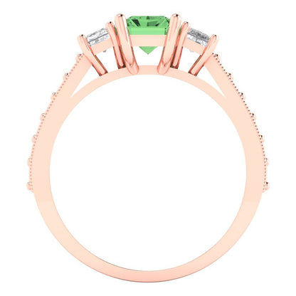 1.88 cttw Zirconia Simulated Green Diamond Three-Stone Engagement Ring - Solid Gold (VVS1, Emerald Cut,7x5mm)