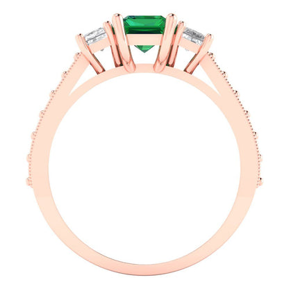 1.88 cttw Simulated Emerald Three-Stone Engagement Ring - Solid Gold (Emerald Cut,7x5mm)