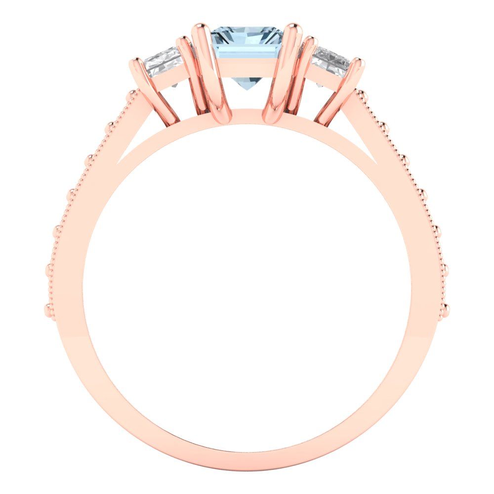 1.88 cttw Natural Aquamarine Three-Stone Engagement Ring - Solid Rose Gold (VVS1, Emerald Cut,7x5mm)