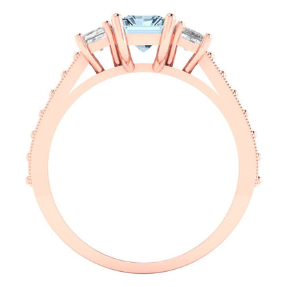 1.88 cttw Natural Aquamarine Three-Stone Engagement Ring - Solid Rose Gold (VVS1, Emerald Cut,7x5mm)