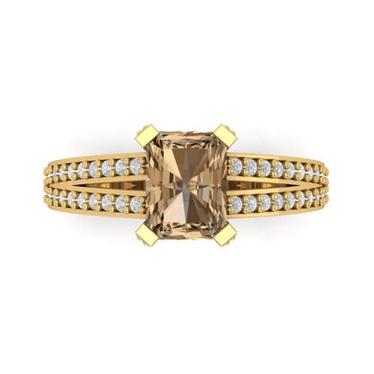 2.45 cttw Zirconia Simulated Champagne Diamond Solitaire with Zirconia Simulated Diamond Accents Engagement Ring - Solid Gold (VVS1, Emerald Cut,8x6mm)