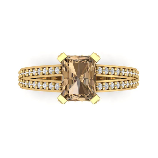 2.45 cttw Zirconia Simulated Champagne Diamond Solitaire with Zirconia Simulated Diamond Accents Engagement Ring - Solid Yellow Gold (VVS1, Emerald Cut,8x6mm)
