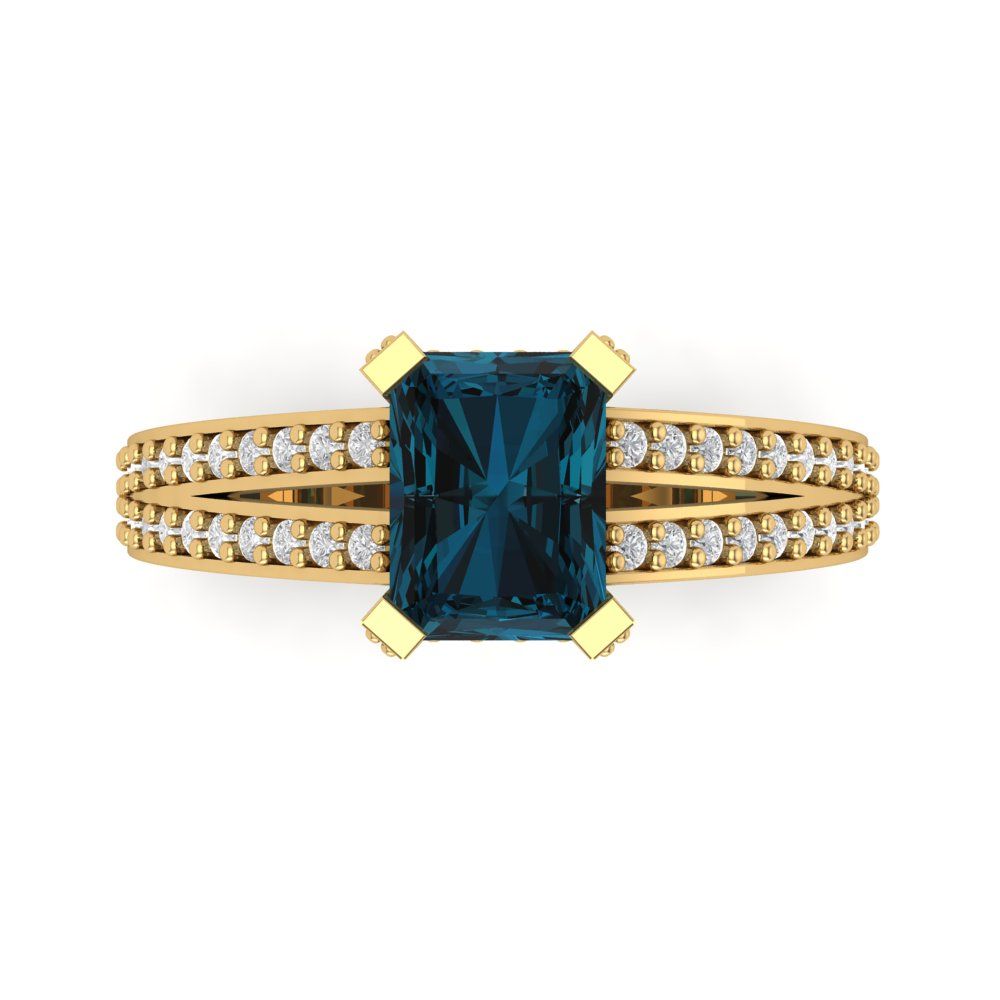 2.45 cttw Natural London Blue Topaz Solitaire with Zirconia Simulated Diamond Accents Engagement Ring - Solid Yellow Gold (VVS1, Emerald Cut,8x6mm)