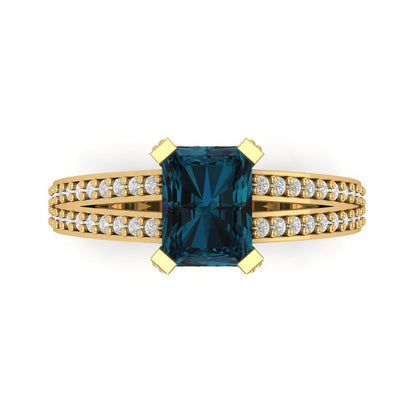 2.45 cttw Natural London Blue Topaz Solitaire with Zirconia Simulated Diamond Accents Engagement Ring - Solid Yellow Gold (VVS1, Emerald Cut,8x6mm)