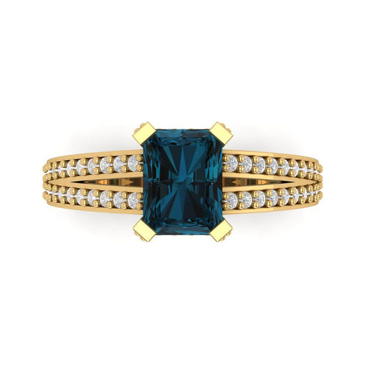 2.45 cttw Natural London Blue Topaz Solitaire with Zirconia Simulated Diamond Accents Engagement Ring - Solid Yellow Gold (VVS1, Emerald Cut,8x6mm)