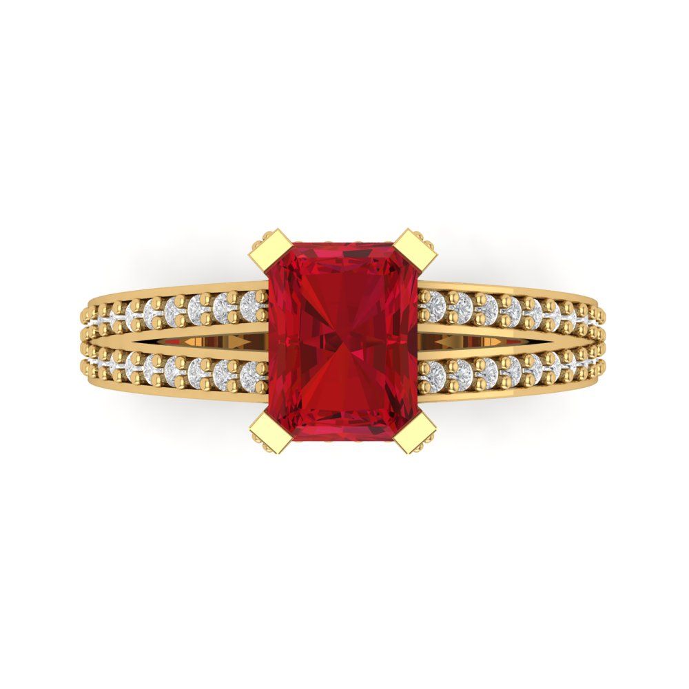 2.45 cttw Simulated Ruby Solitaire with Zirconia Simulated Diamond Accents Engagement Ring - Solid Gold (Emerald Cut,8x6mm)