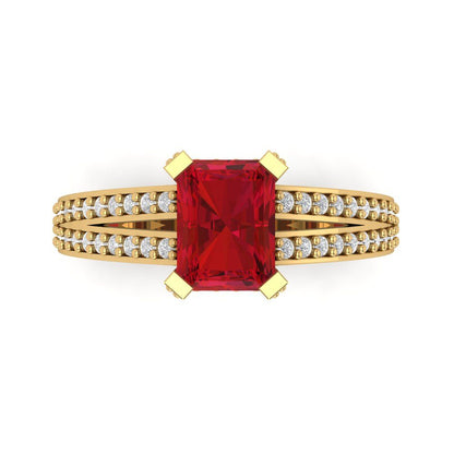 2.45 cttw Simulated Ruby Solitaire with Zirconia Simulated Diamond Accents Engagement Ring - Solid Gold (Emerald Cut,8x6mm)