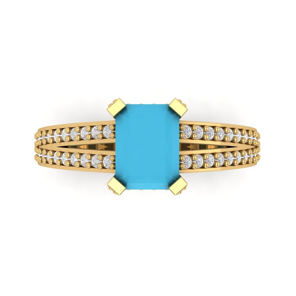 2.45 cttw Simulated Turquoise Solitaire with Zirconia Simulated Diamond Accents Engagement Ring - Solid Gold (Emerald Cut,8x6mm)