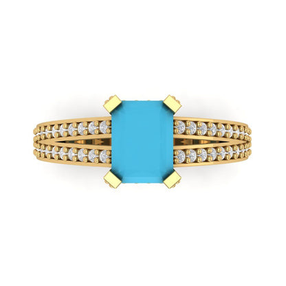 2.45 cttw Simulated Turquoise Solitaire with Zirconia Simulated Diamond Accents Engagement Ring - Solid Gold (Emerald Cut,8x6mm)
