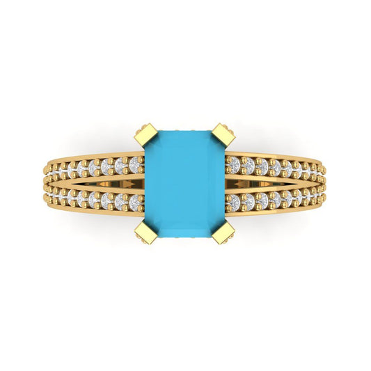 2.45 cttw Simulated Turquoise Solitaire with Zirconia Simulated Diamond Accents Engagement Ring - Solid Yellow Gold (VVS1, Emerald Cut,8x6mm)