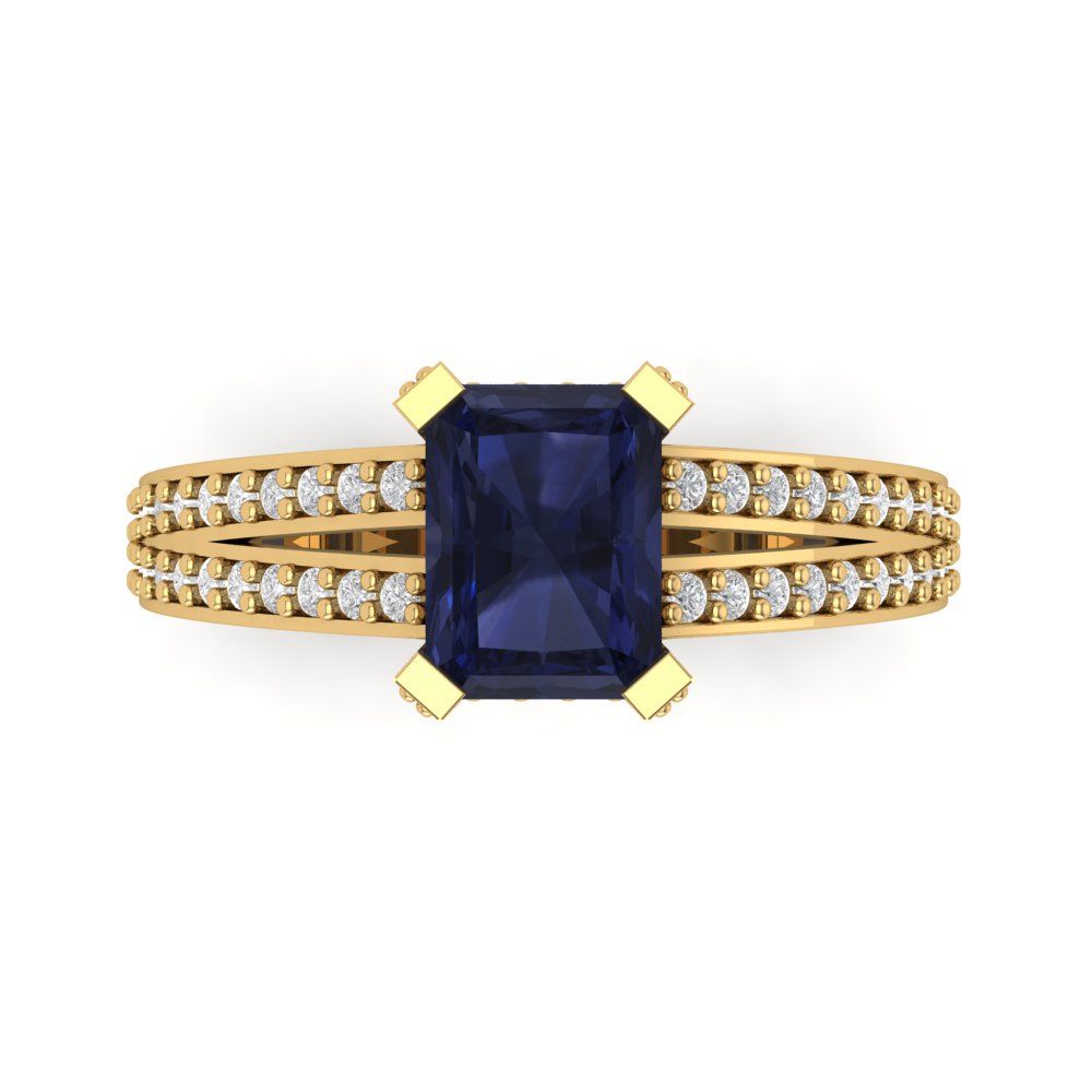 2.45 cttw Simulated Blue Sapphire Solitaire with Zirconia Simulated Diamond Accents Engagement Ring - Solid Gold (Emerald Cut,8x6mm)