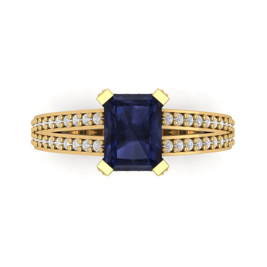 2.45 cttw Simulated Blue Sapphire Solitaire with Zirconia Simulated Diamond Accents Engagement Ring - Solid Yellow Gold (VVS1, Emerald Cut,8x6mm)