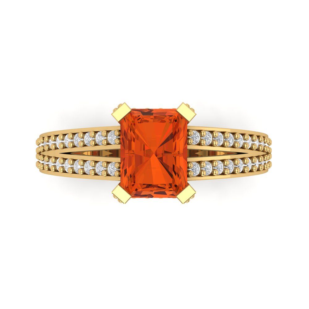 2.45 cttw Zirconia Simulated Red Diamond Solitaire with Zirconia Simulated Diamond Accents Engagement Ring - Solid Yellow Gold (VVS1, Emerald Cut,8x6mm)
